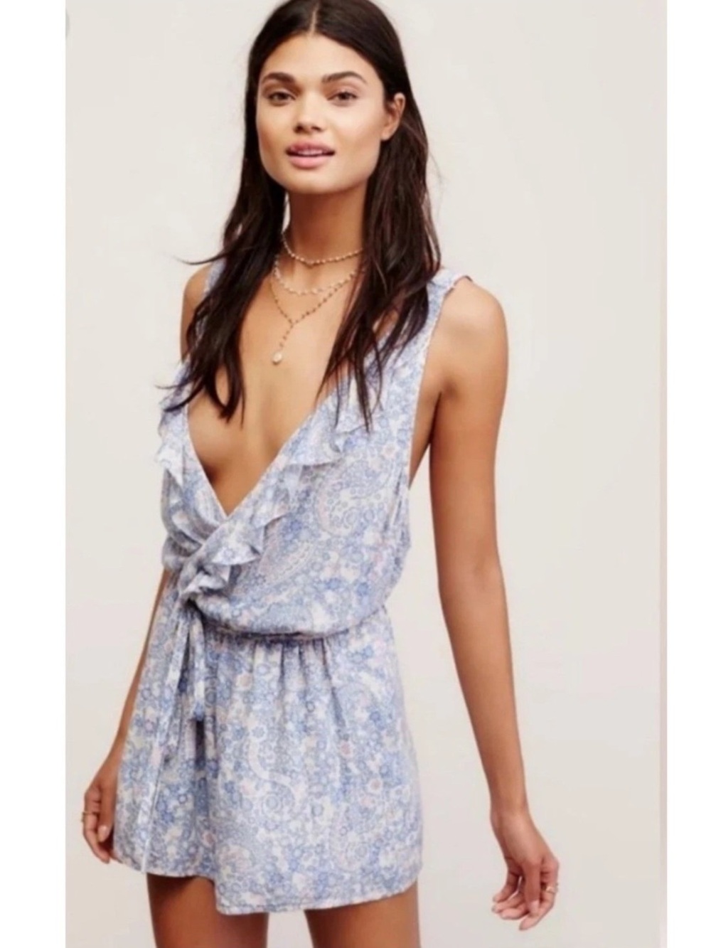 Free People Blue Floral Paisley Ruffle Plunge Romper